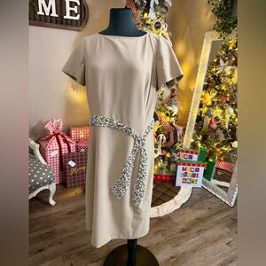 St. John Couture • Beige Short Sleeve Beaded Bow Belt Cocktail Dress